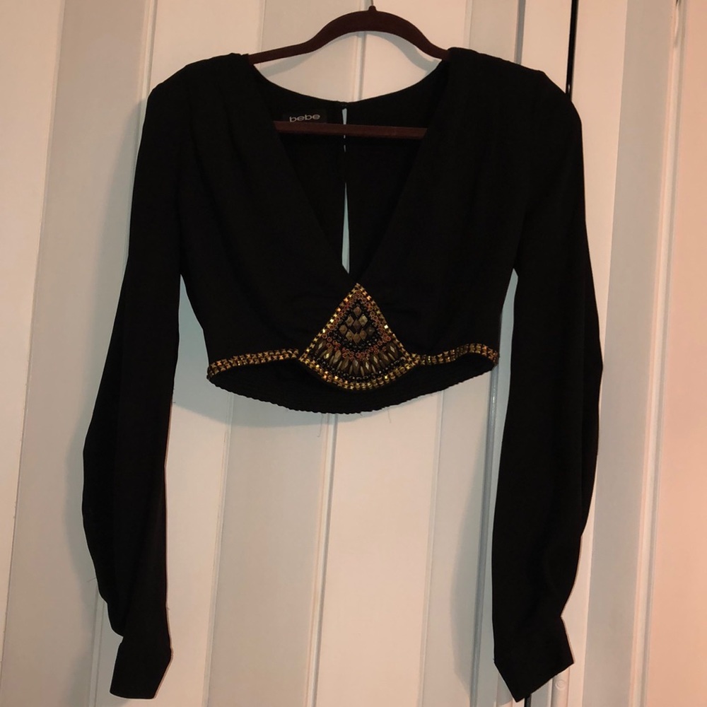 Bebe Black Long Sleeve Sheer Embellished Crop Top